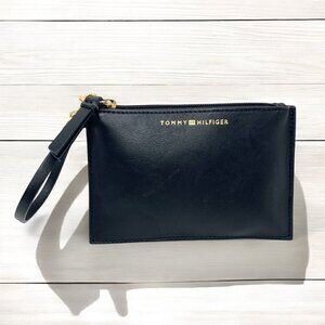 Tommy Hilfiger Black Faux Leather Wristlet Pouch With Gold Tone Accents